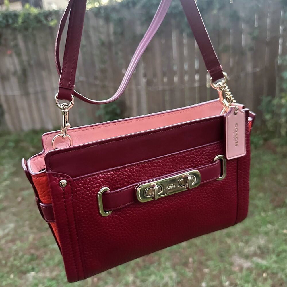 Leather COACH SWAGGER COLORBLOCK Convertible Crossbody Cherry $275 MRSP - Picture 3 of 16